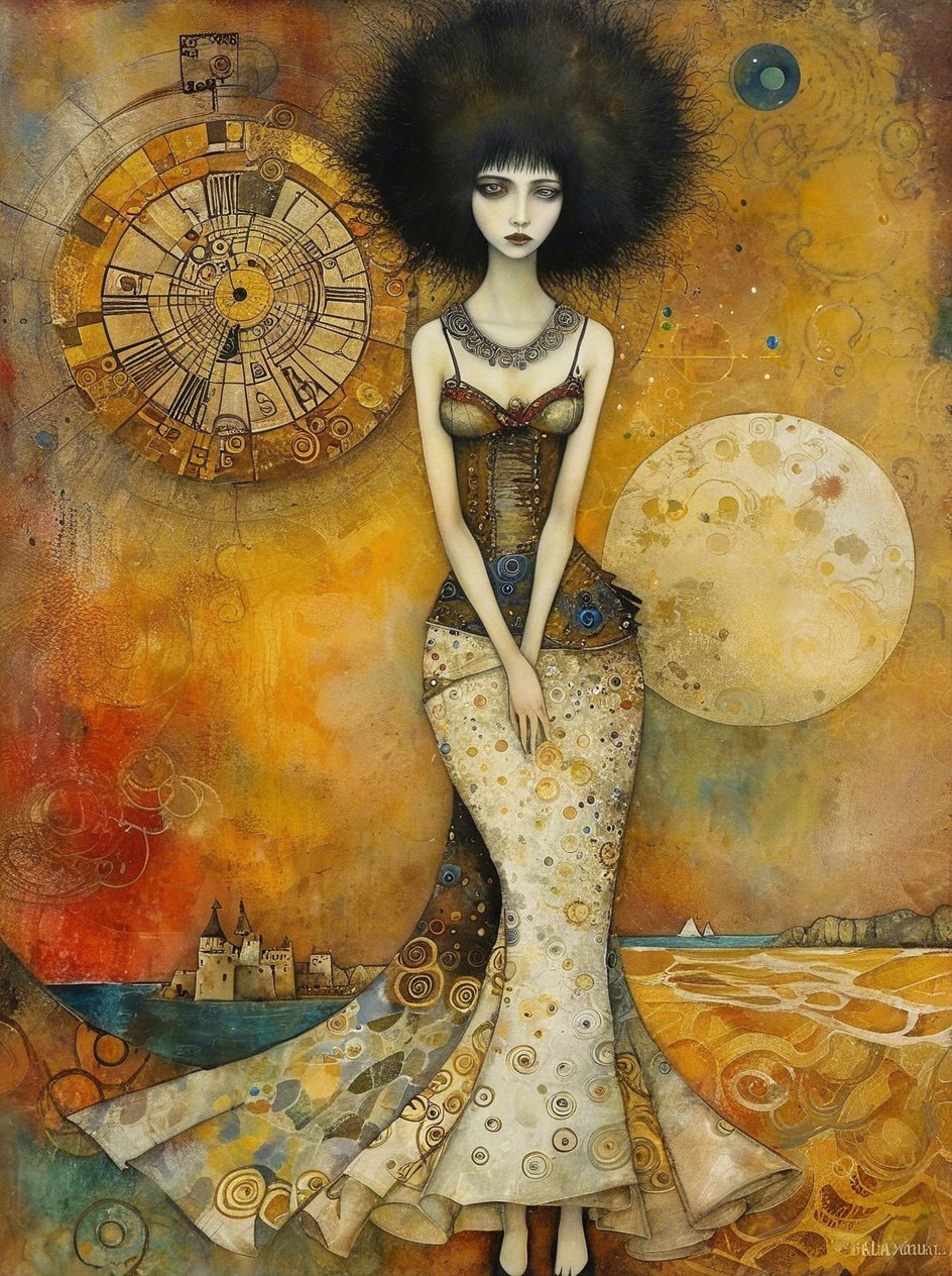Mysterious Woman in Ornate Gown with Celestial Background