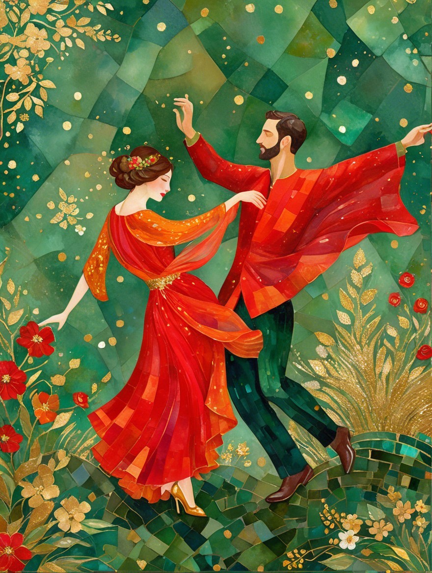 Couple Dancing in a Lush Garden with Floral Motifs