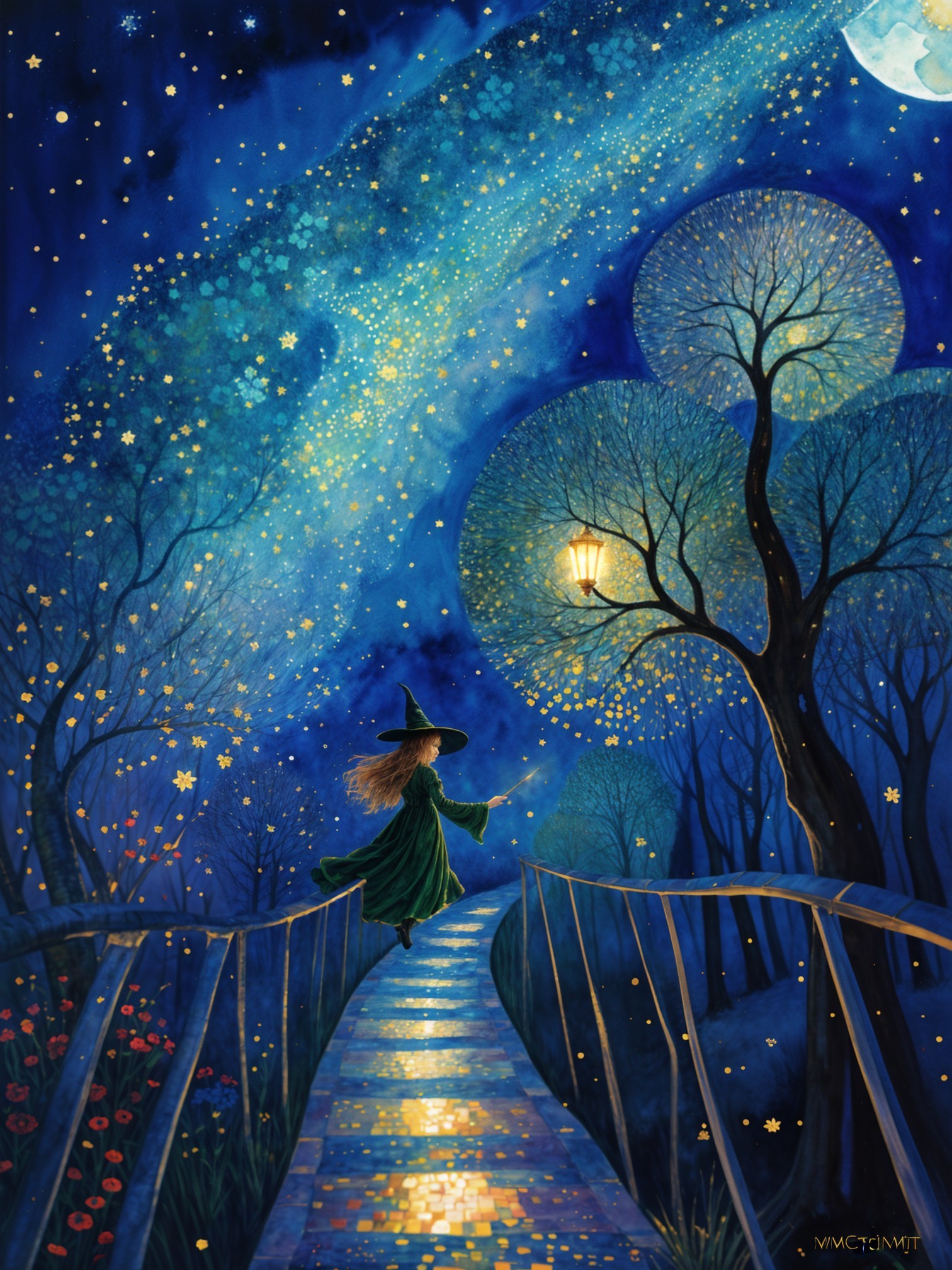 Whimsical Night Scene with Young Witch and Lanterns
