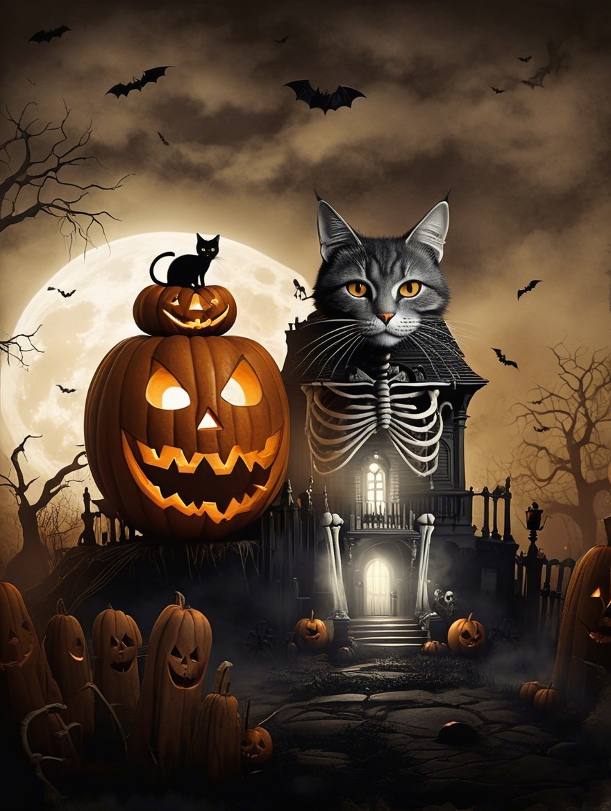 Haunted House Scene with Cats and Pumpkins