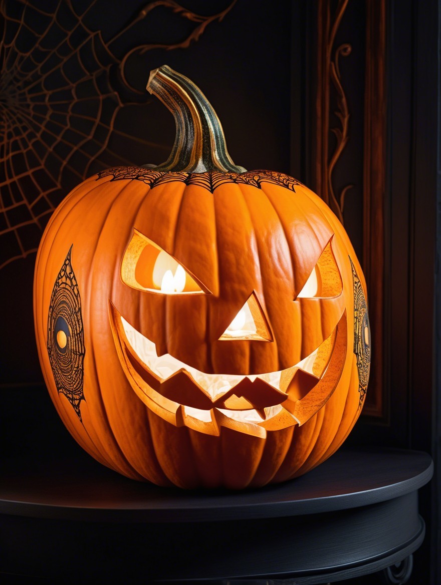 Intricately Carved Halloween Pumpkin with Glow