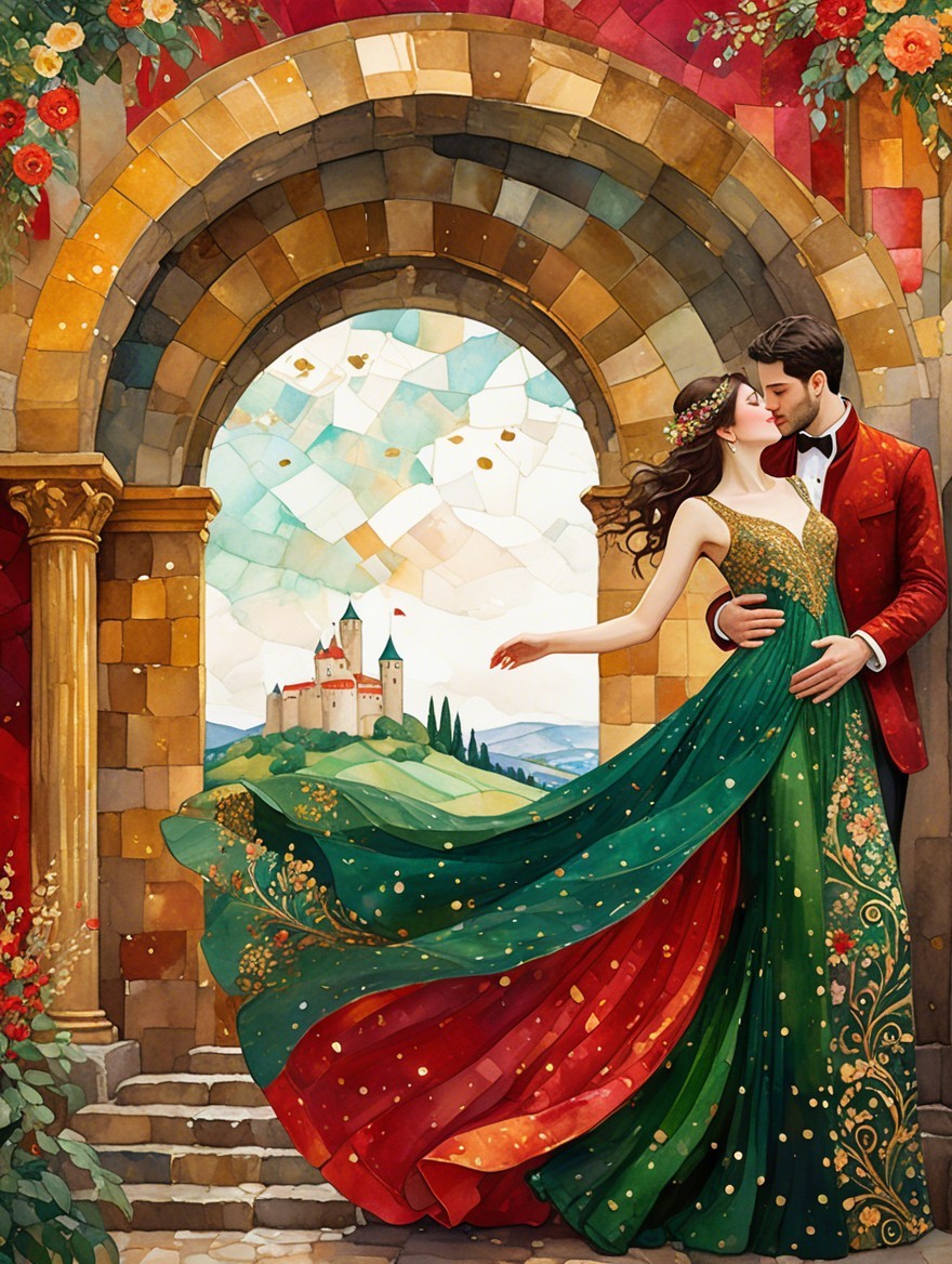 Romantic Couple Embraced by Vibrant Mosaic Arch