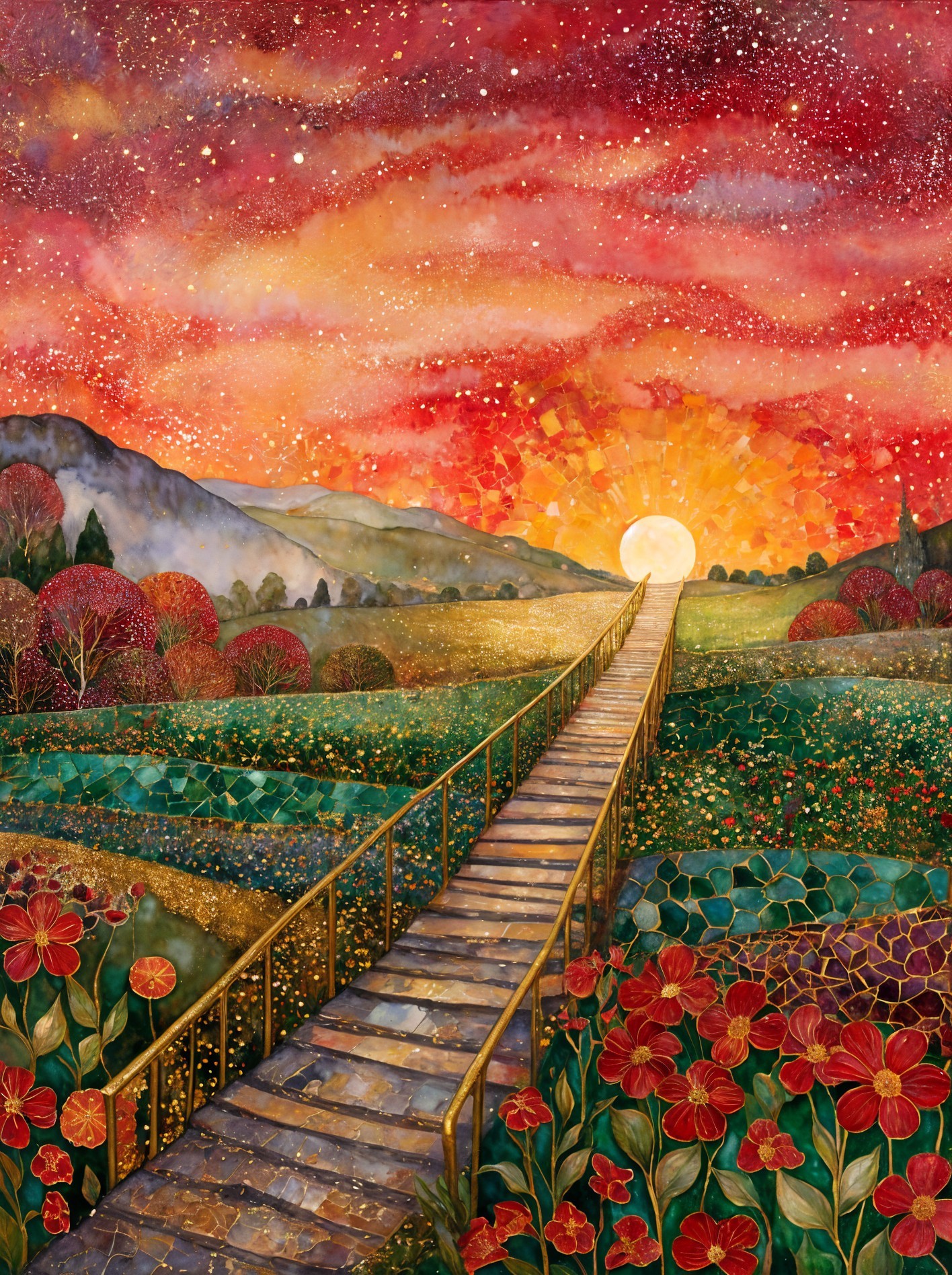 Winding Stone Pathway Under Vibrant Sunset Sky