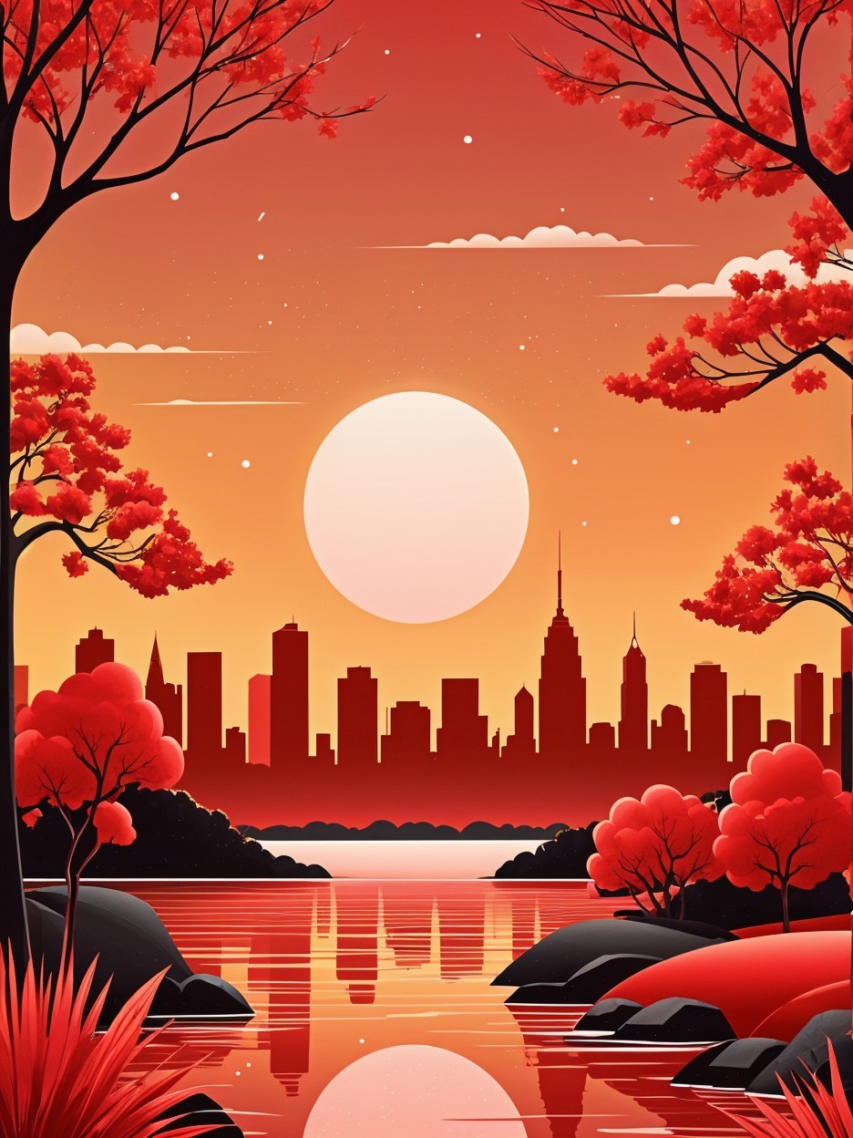 Vibrant Sunset Over City Skyline with Autumn Foliage