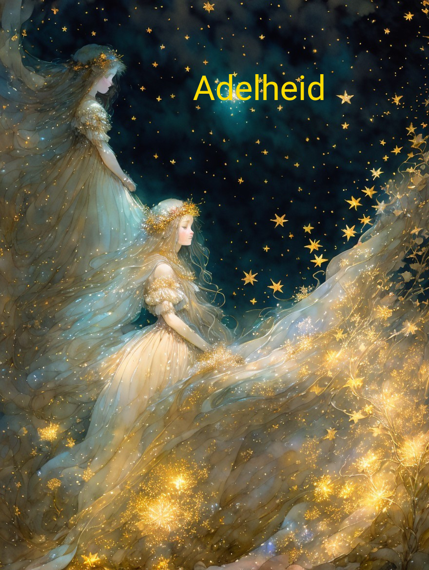 Ethereal women in golden dresses surrounded by stars and light.