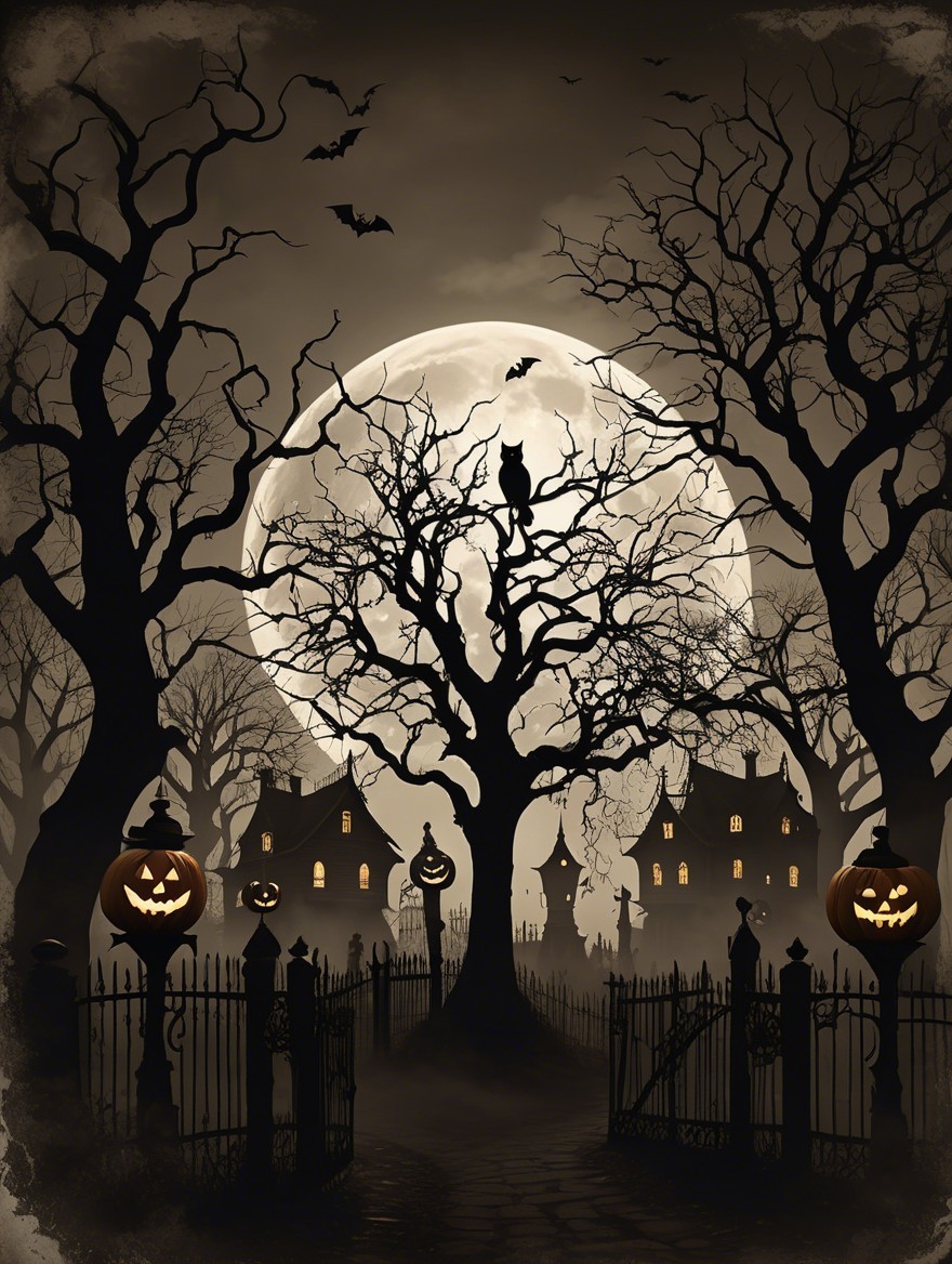 Eerie Halloween Scene with Full Moon and Jack-o'-Lanterns