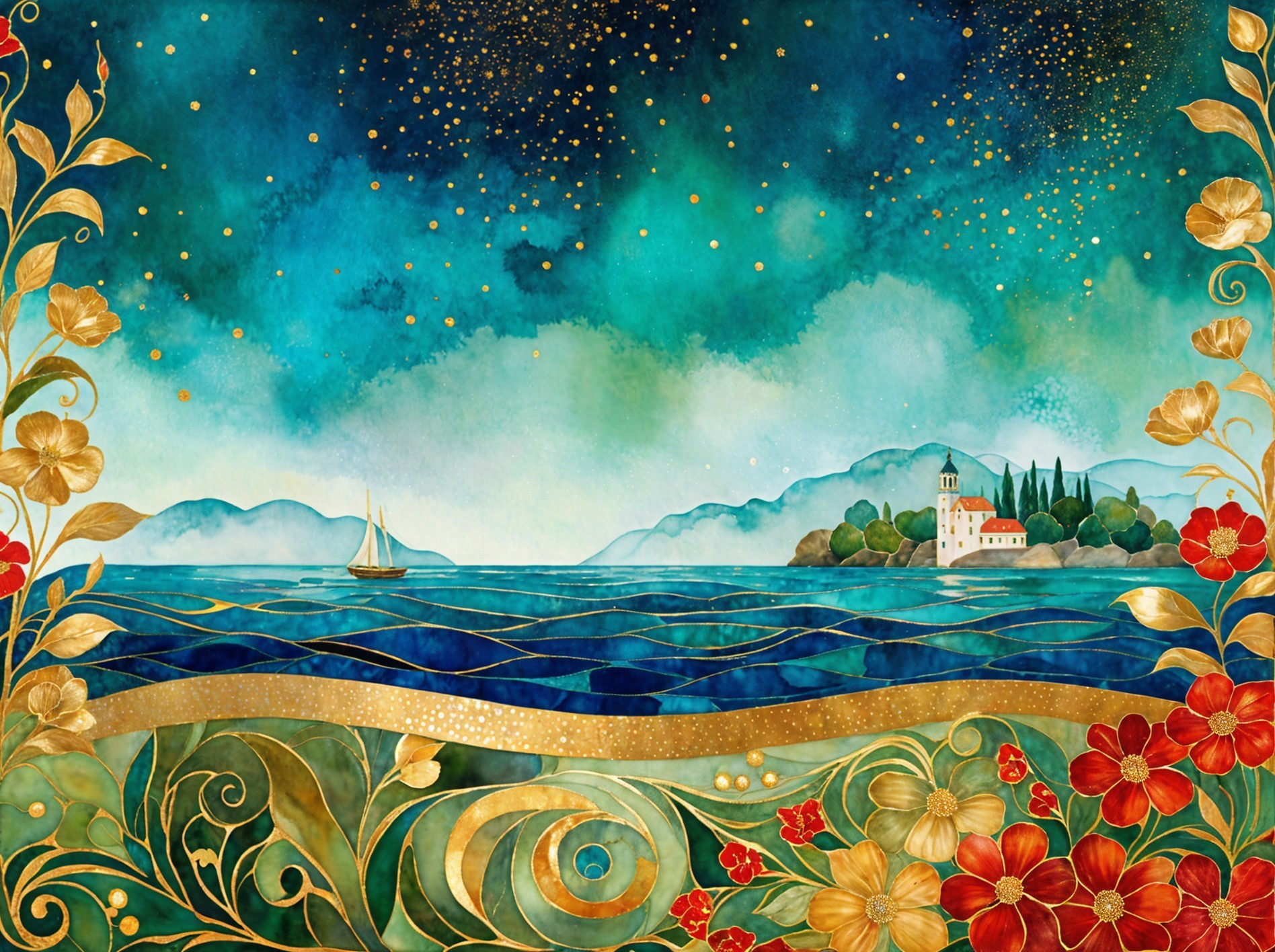 Tranquil Seascape with Starry Night and Lush Hills
