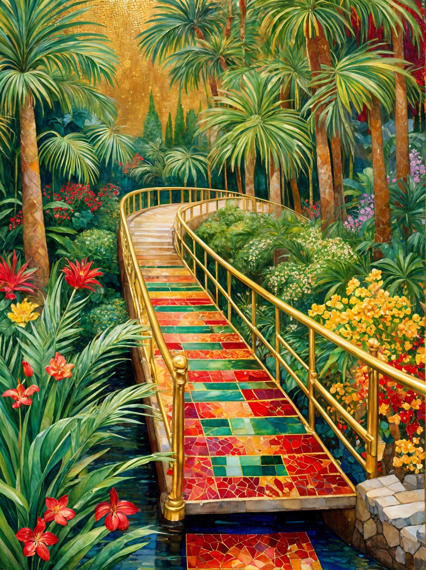 Tropical Pathway with Colorful Mosaic Tiles and Plants