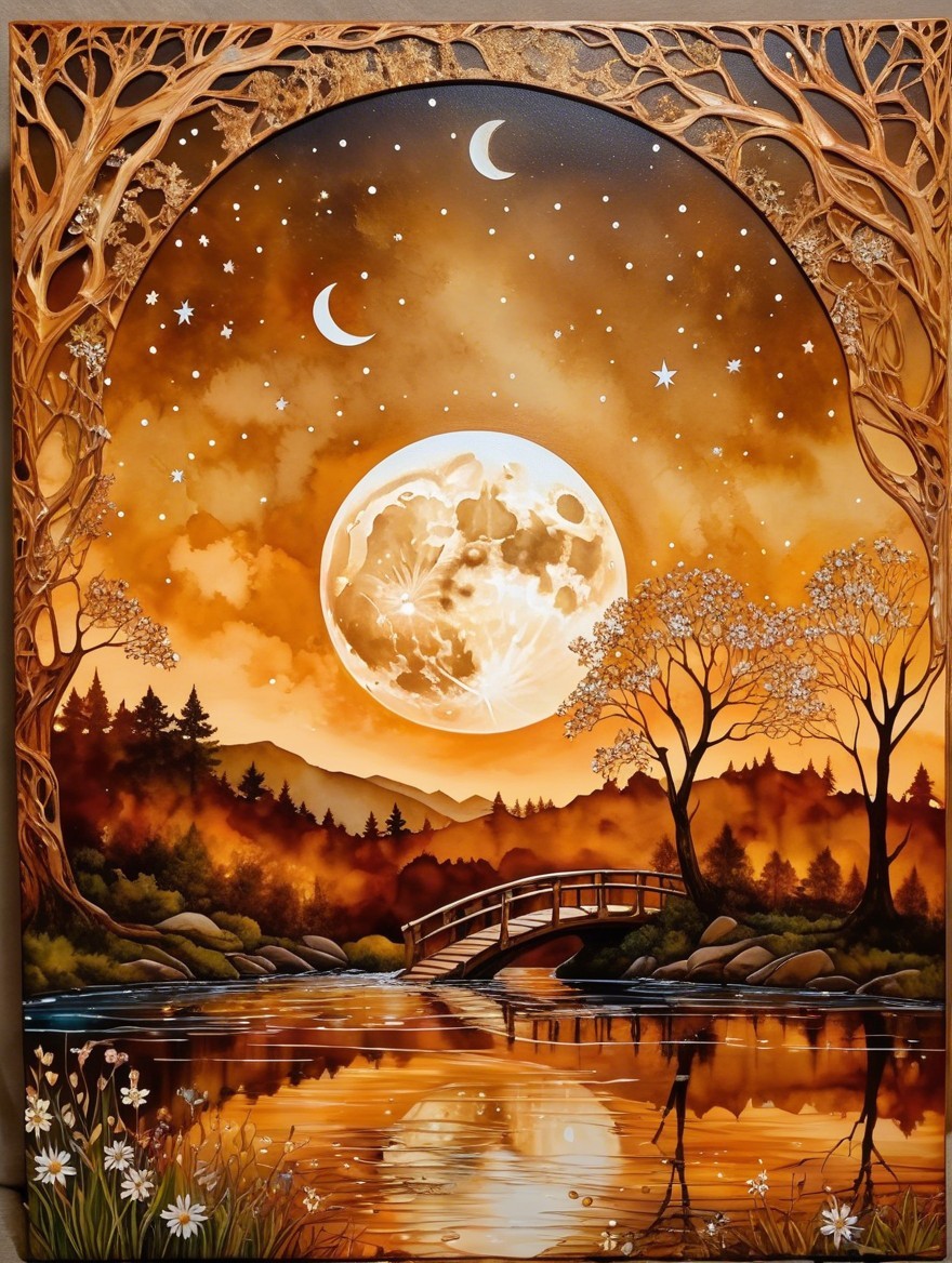 Serene landscape with full moon and tranquil river