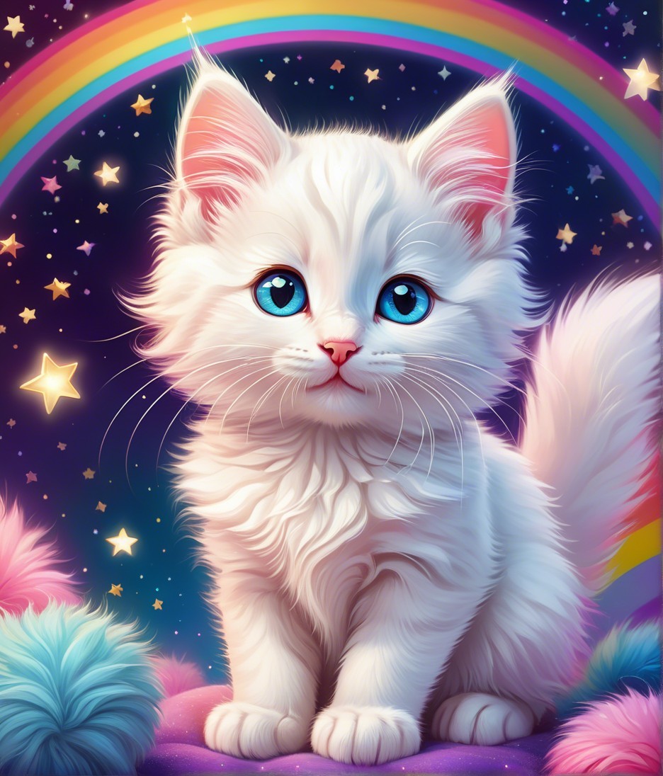 Fluffy White Kitten Against Rainbow and Stars
