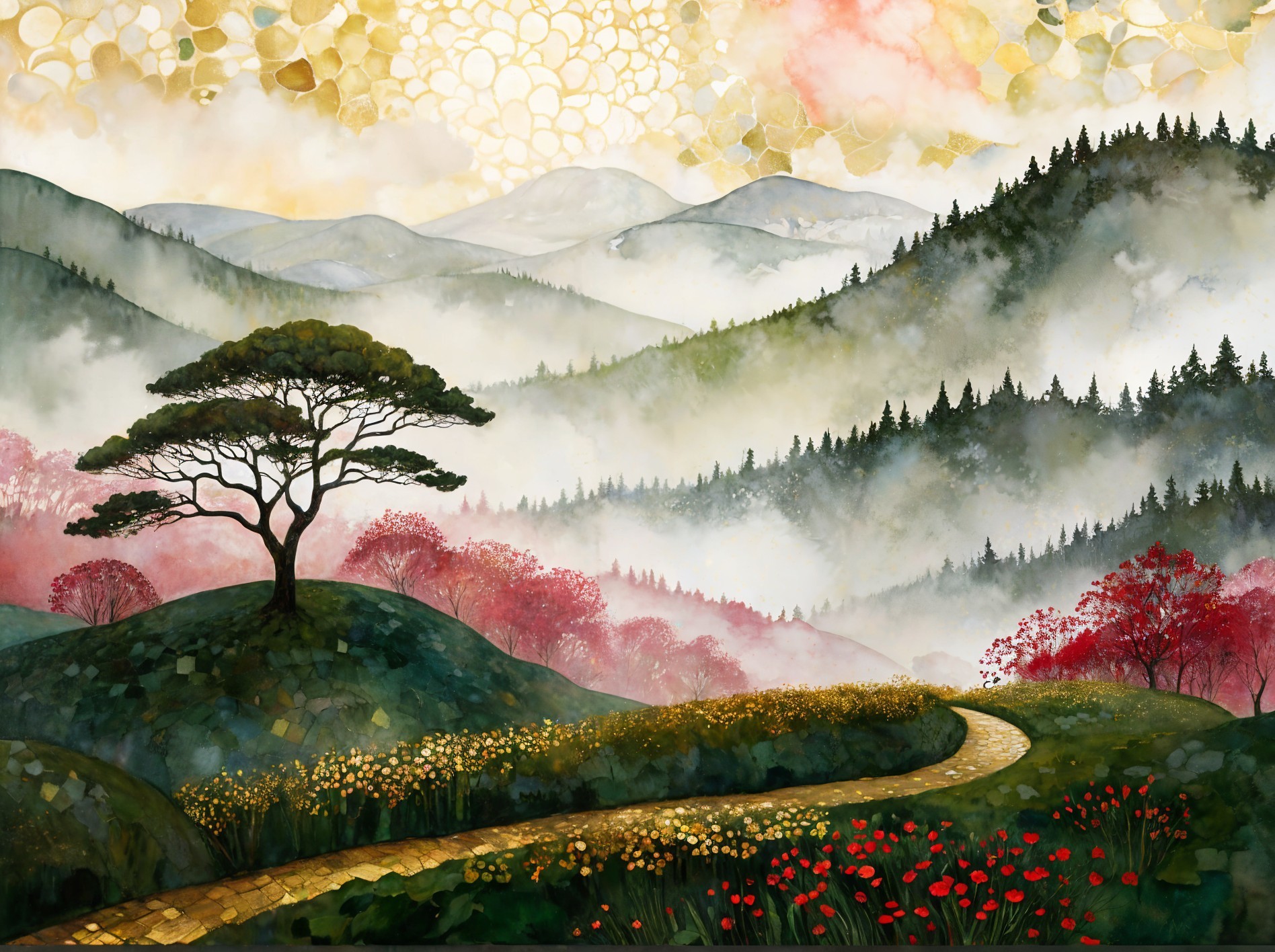Serene Landscape with Vibrant Wildflowers and Hills