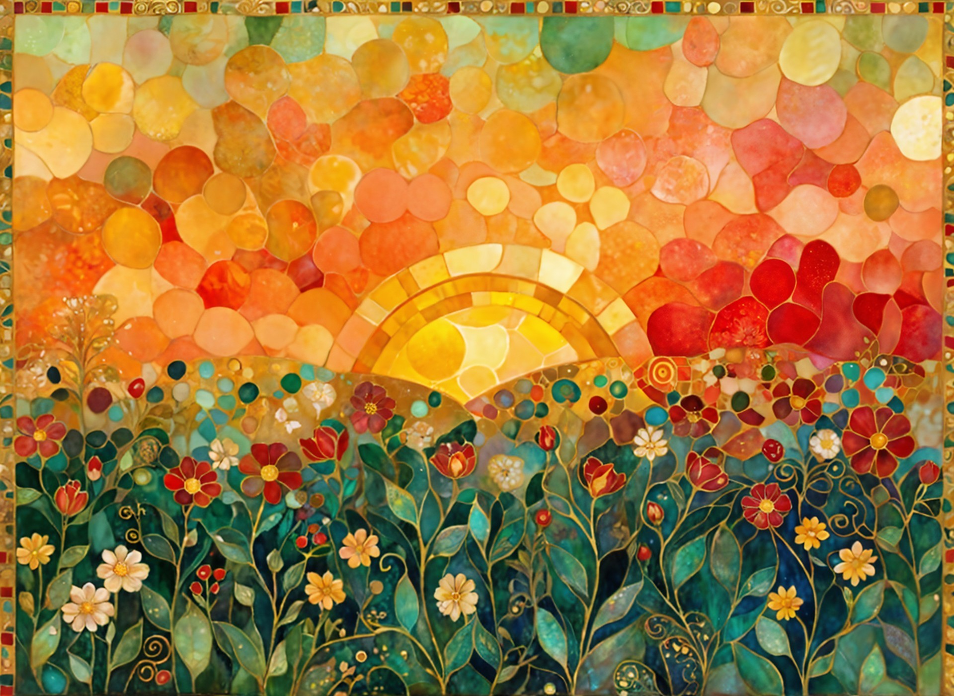 Vibrant Landscape with Colorful Blossoms at Sunrise