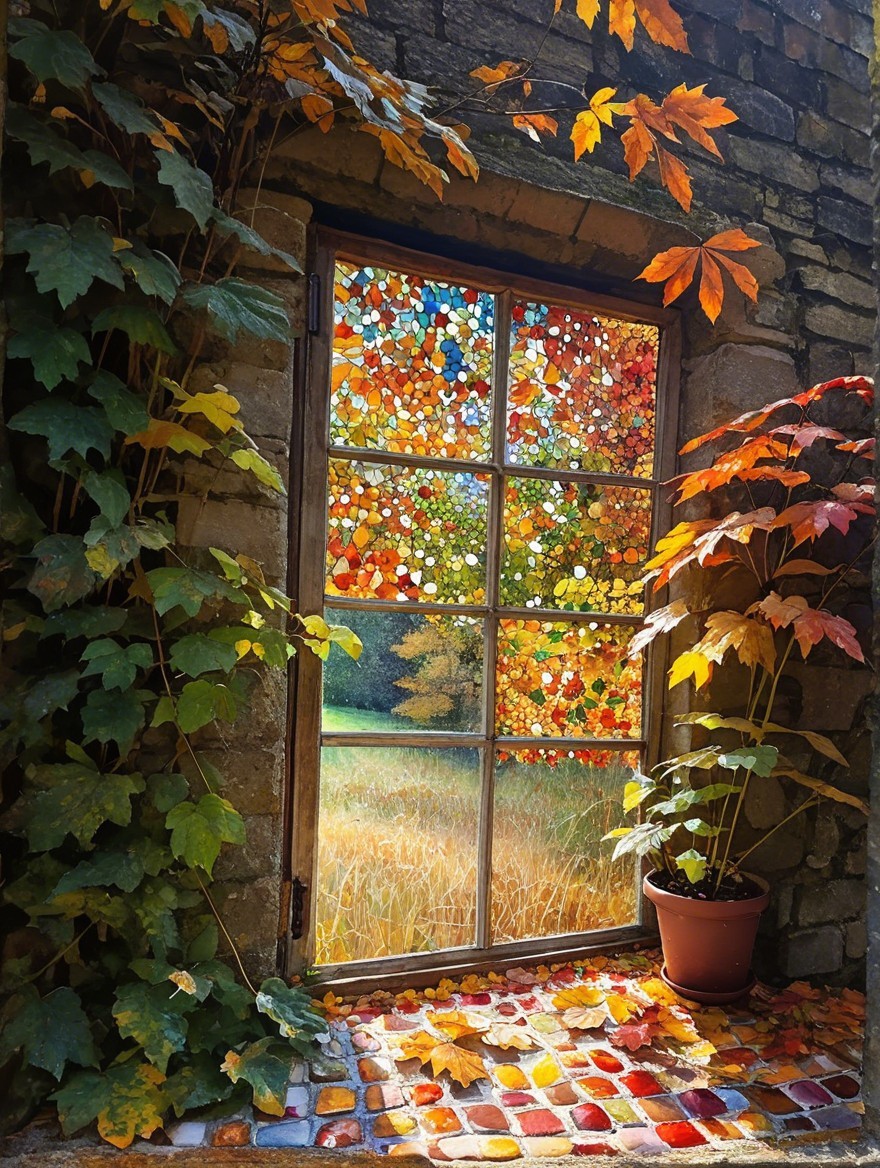 Rustic Stone Window Framing Vibrant Autumn Scene