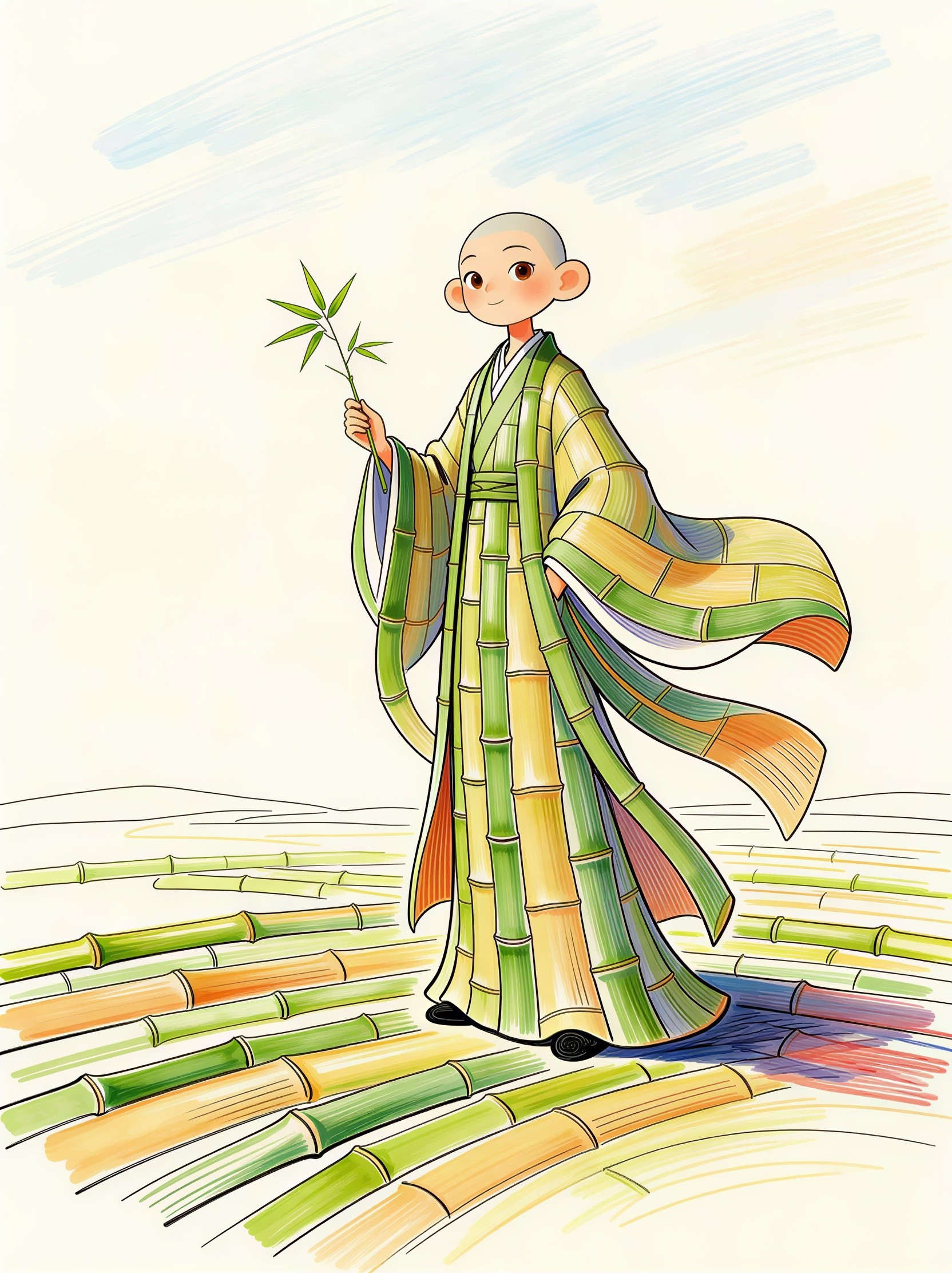 Character in Bamboo Robe Surrounded by Bamboo Stalks
