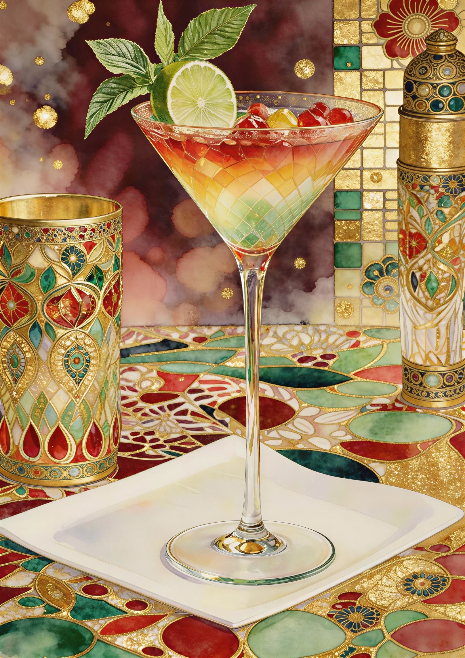 Watercolor Painting of Colorful Cocktails and Decor