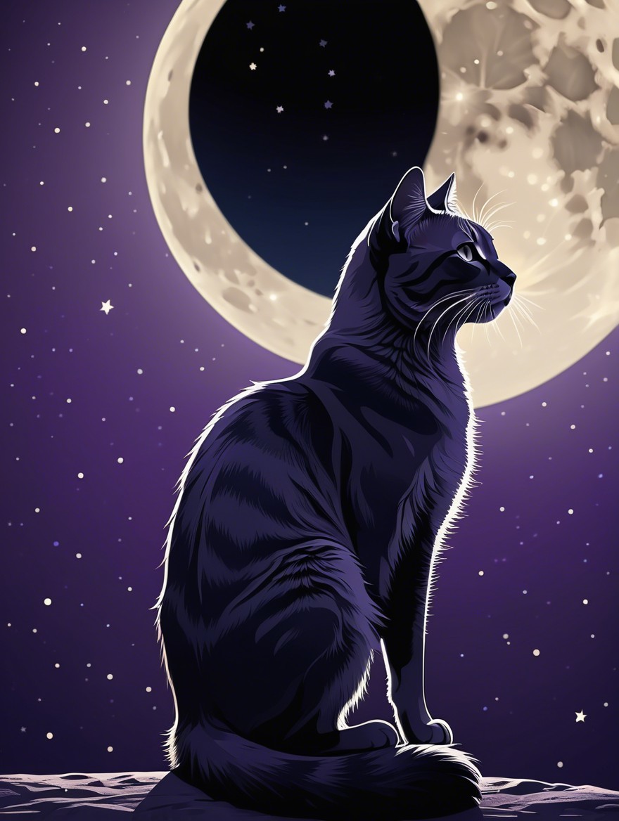 Black Cat Silhouette Against Starry Night Sky