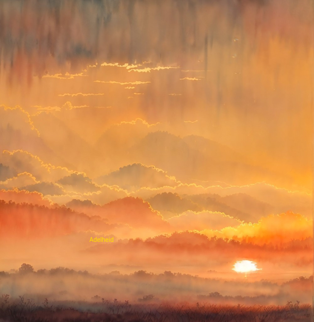 Dawn Landscape with Vibrant Colors and Misty Hills