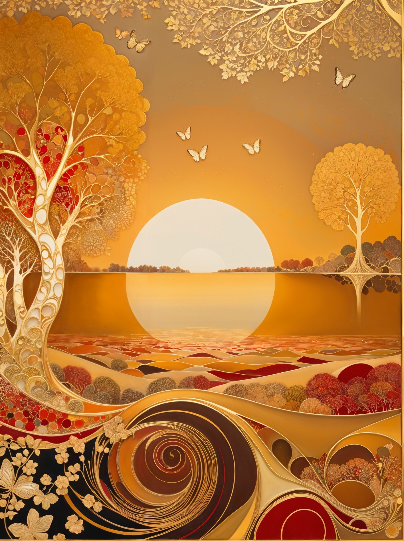 Vibrant Autumn Landscape with Stylized Trees and Sun