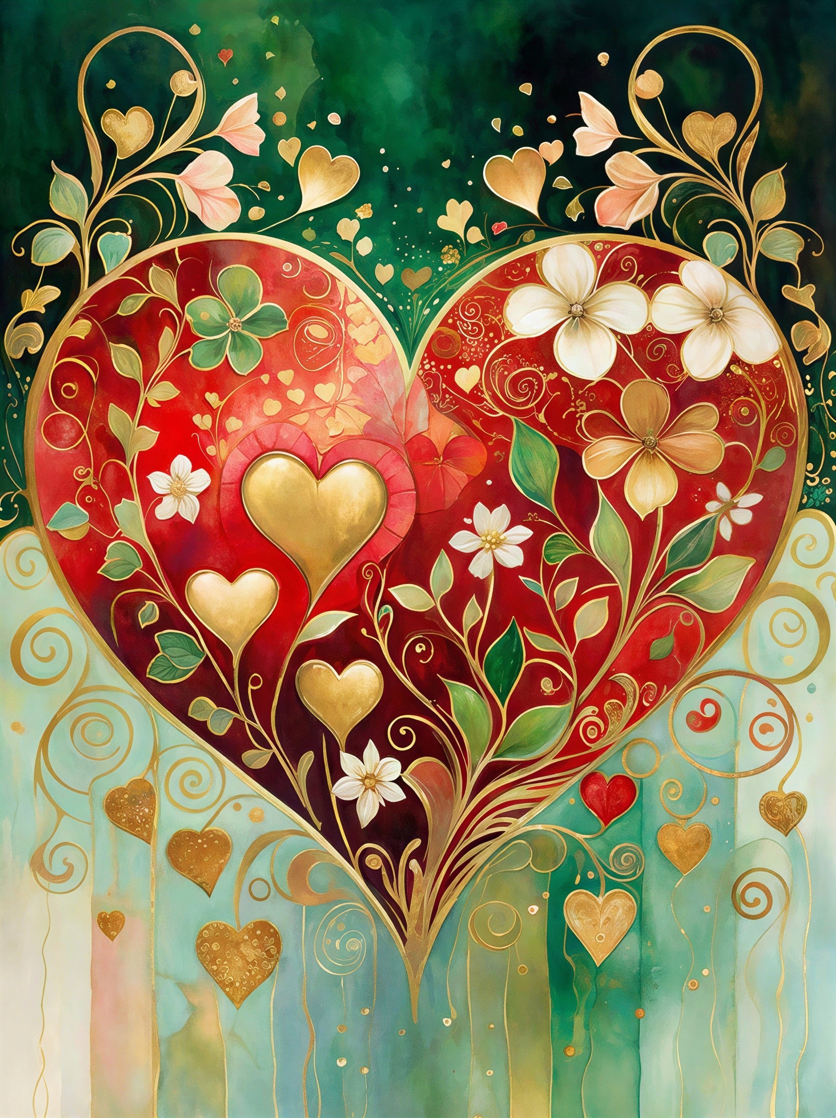 Heart-Shaped Watercolor Painting with Floral Elements