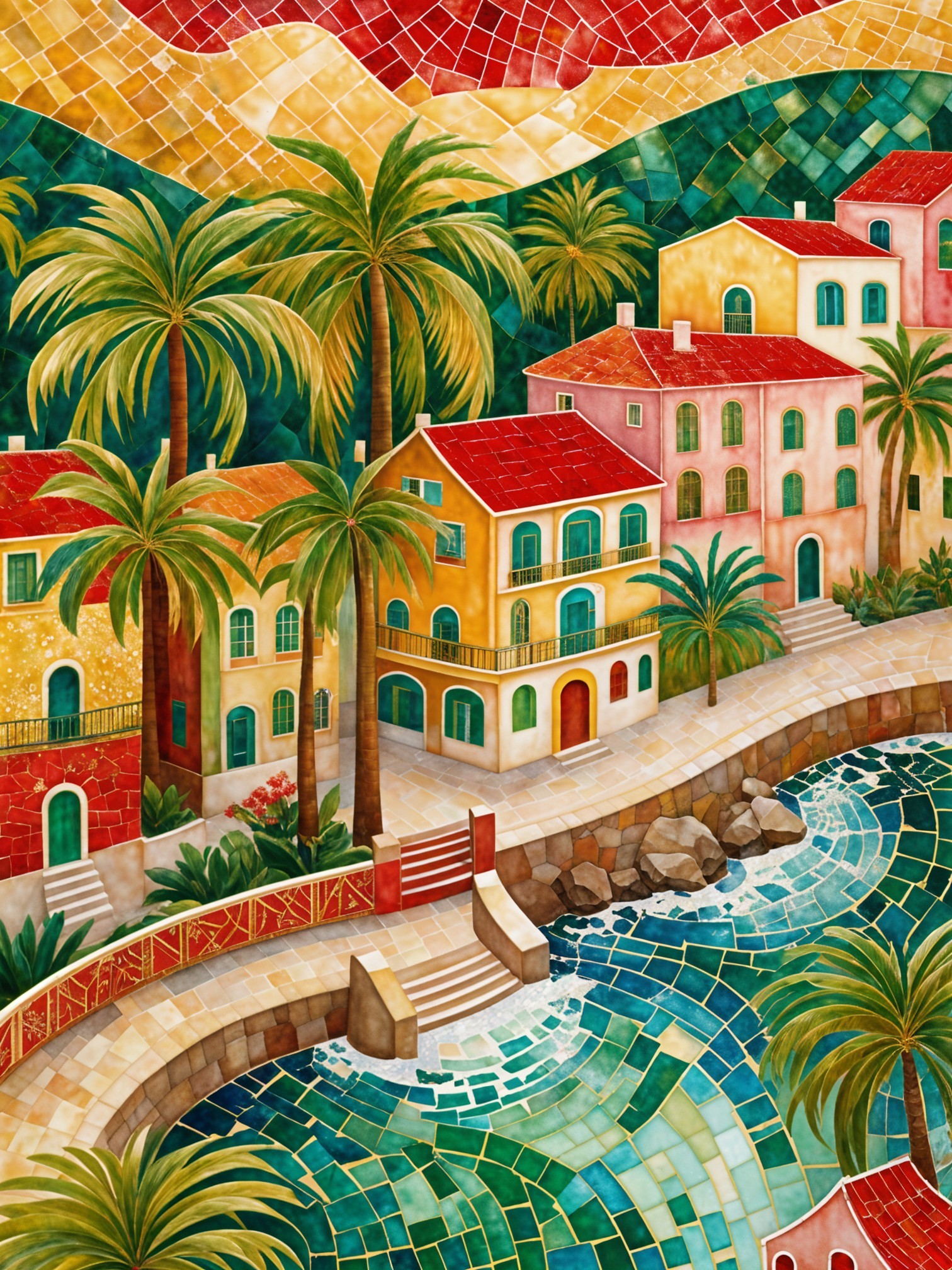 Mosaic Illustration of a Coastal Village Scene