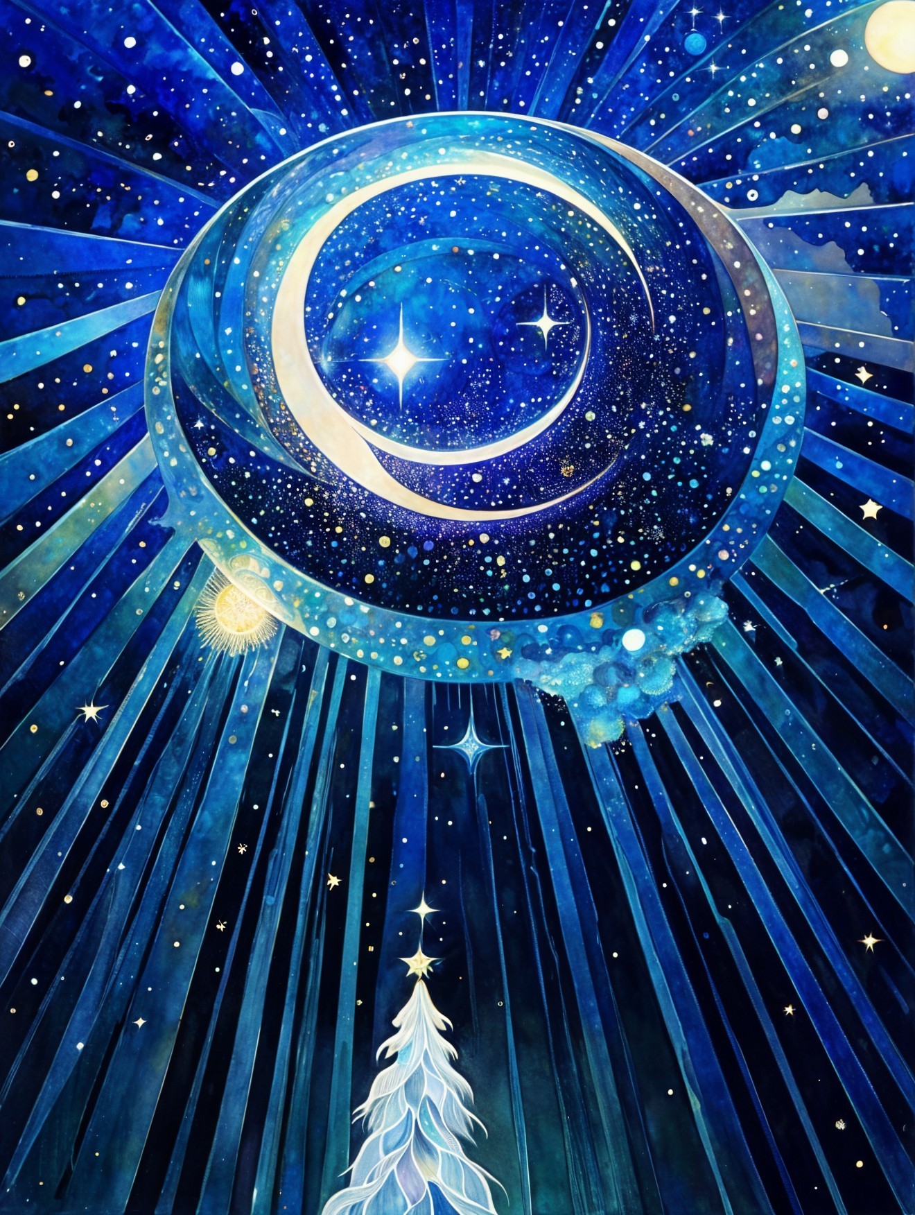 Serene Cosmic Scene with Crescent Moon and Tree