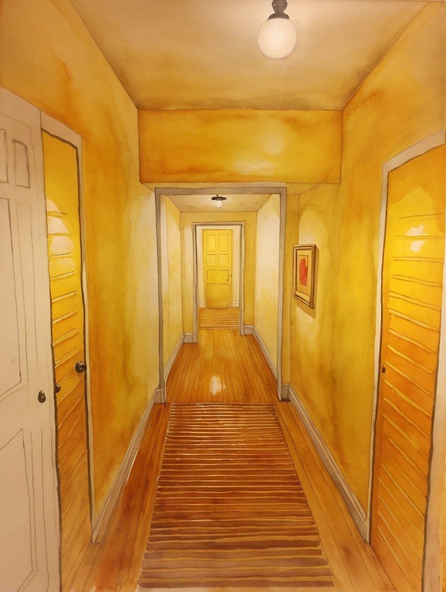 Narrow hallway with warm yellow walls and wooden floor