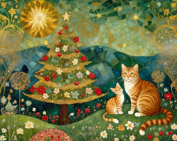 Whimsical Holiday Scene with Tabby Cats and Christmas Tree