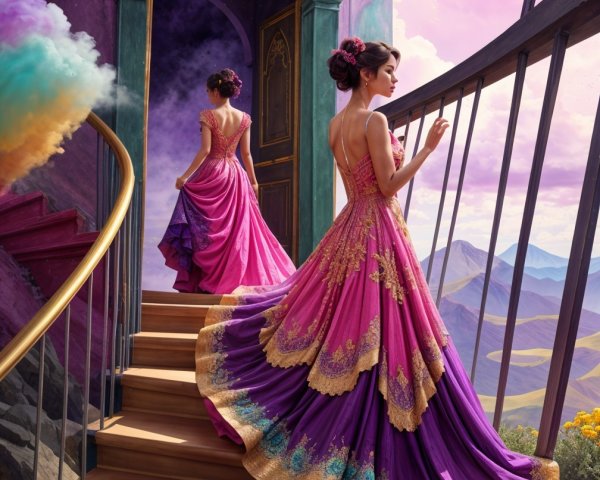 Elegant Women in Colorful Gowns on Curved Stairs