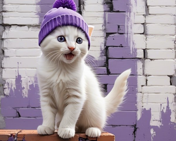 Playful white kitten in purple beanie on brick surface
