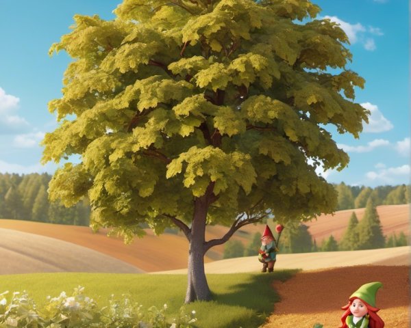 Gnomes in a Whimsical Landscape Under a Large Tree