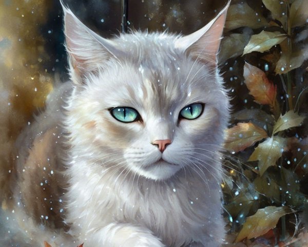 White Cat with Blue-Green Eyes Under Black Umbrella
