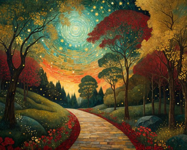 Winding Path in Vibrant Autumn Landscape with Stars