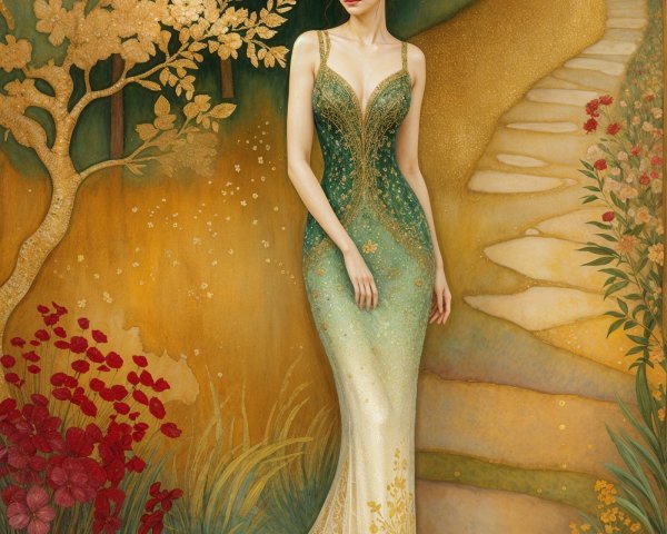 Graceful Woman in Gown Surrounded by Vibrant Nature