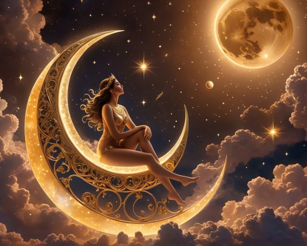 Woman on a decorative crescent moon in a starry sky