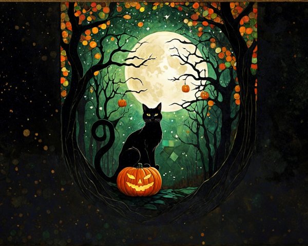 Black Cat on Pumpkin Under Full Moon in Autumn Scene