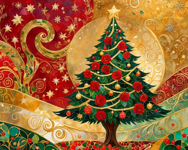 Vibrant Christmas Tree Illustration with Roses and Gold