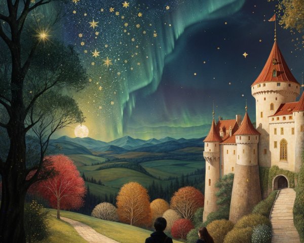 Couple Walking Under Aurora Borealis and Castle