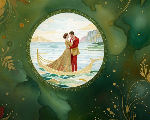 Romantic Embrace on a Boat in Lush Landscape