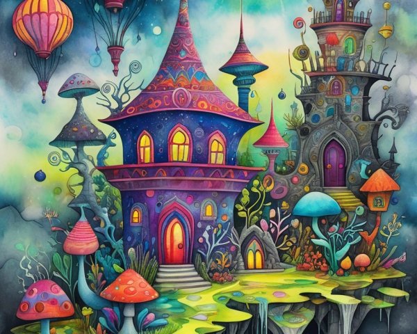 Whimsical Landscape with Colorful Houses and Balloons