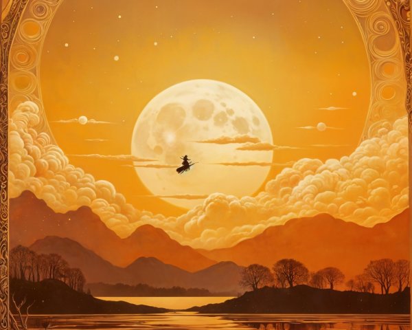 Sunset Scene with Moon and Flying Silhouette