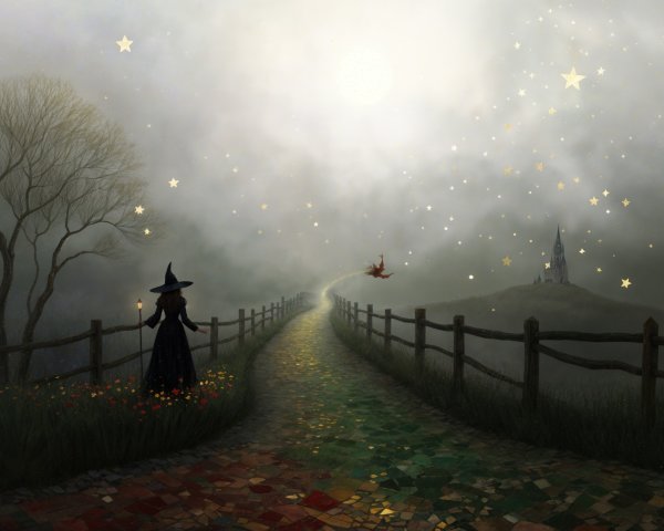 Misty Landscape with Colorful Path and Castle