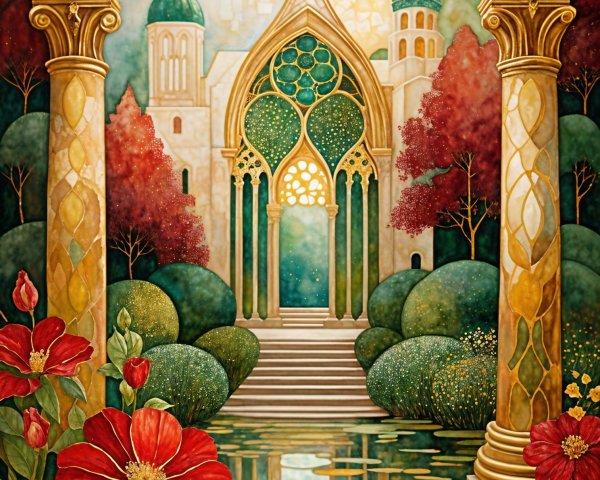 Vibrant Garden Scene with Archways and Reflection Pool