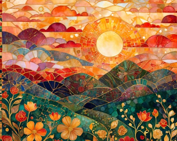 Vibrant Mosaic Artwork of Sunrise Over Colorful Hills