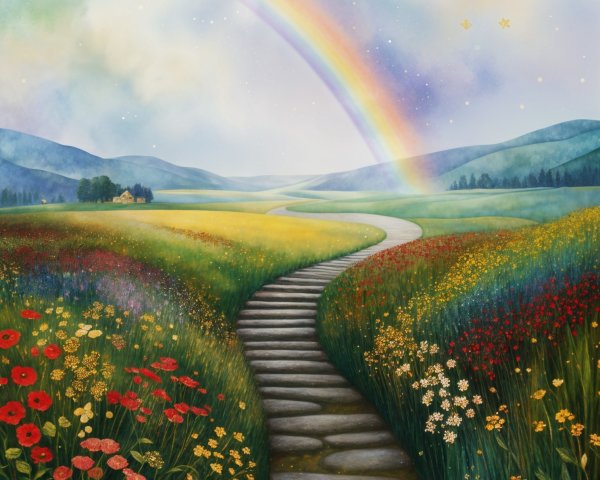 Vibrant Landscape with Winding Stone Path and Rainbow