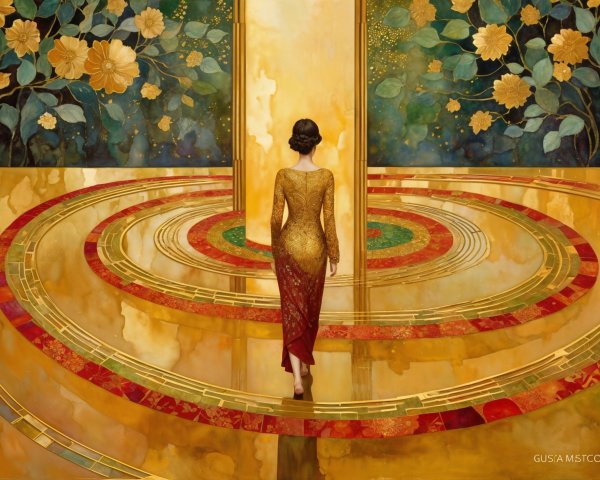 Elegant Woman in Gold Gown on Floral Pathway