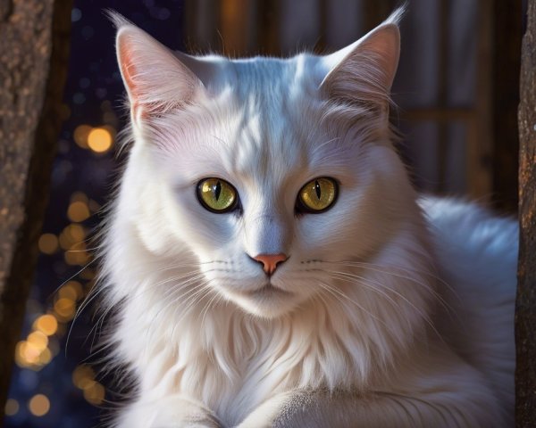 White Cat by Window with Starry Night Background