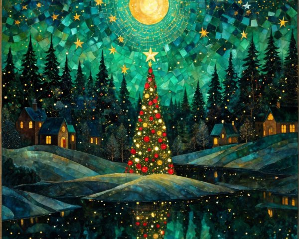 Winter Night Scene with Christmas Tree and Cottages