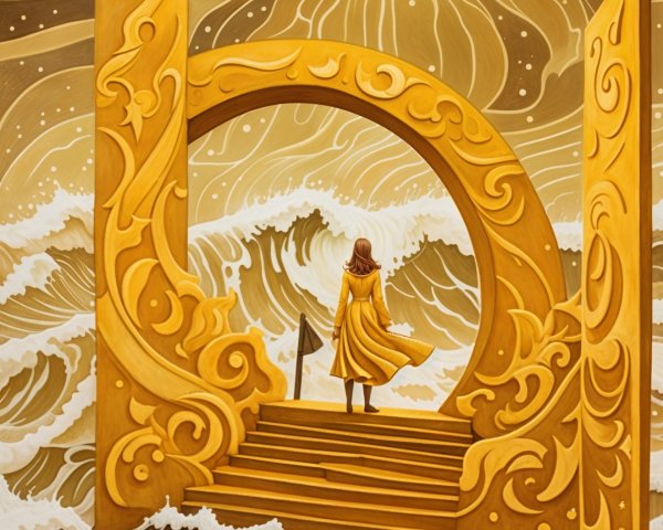 Figure in Yellow Cloak Before Golden Archway and Waves