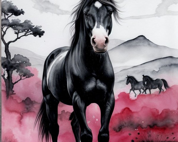 Majestic Black Horse in Serene Landscape Scene