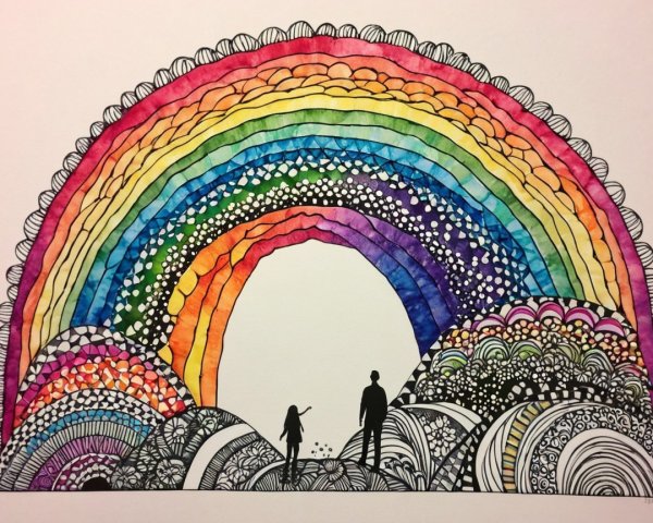 Rainbow Over Silhouetted Figures on Rolling Hills
